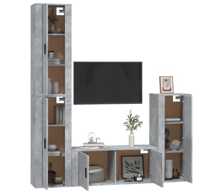 vidaXL TV spintelių komplektas, 4 dalių, betono pilkas, mediena