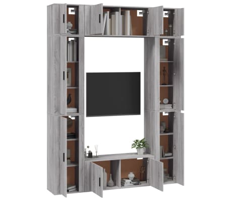 vidaXL TV spintelių komplektas, 8 dalių, pilkas ąžuolo, mediena