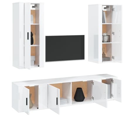 vidaXL TV spintelių komplektas, 5 dalių, baltas, mediena, blizgus