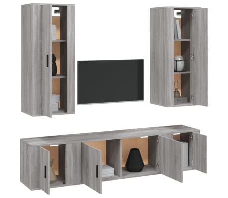 vidaXL TV spintelių komplektas, 5 dalių, pilkas ąžuolo, mediena
