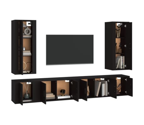 vidaXL Televizoriaus spintelių komplektas, 6 dalių, juodas, mediena