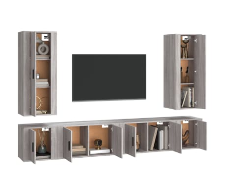 vidaXL TV spintelių komplektas, 6 dalių, pilkas ąžuolo, mediena