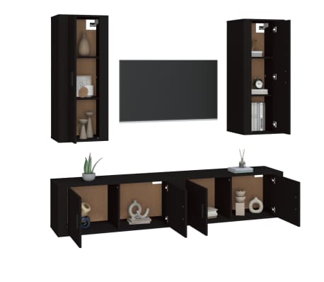 vidaXL Televizoriaus spintelių komplektas, 4 dalių, juodas, mediena