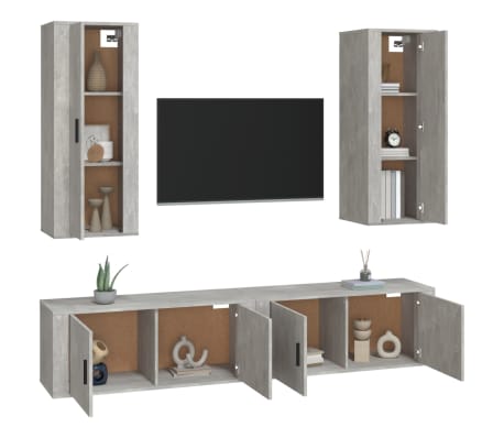 vidaXL TV spintelių komplektas, 4 dalių, betono pilkas, mediena