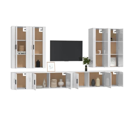 vidaXL TV spintelių komplektas, 8 dalių, baltas, mediena, blizgus