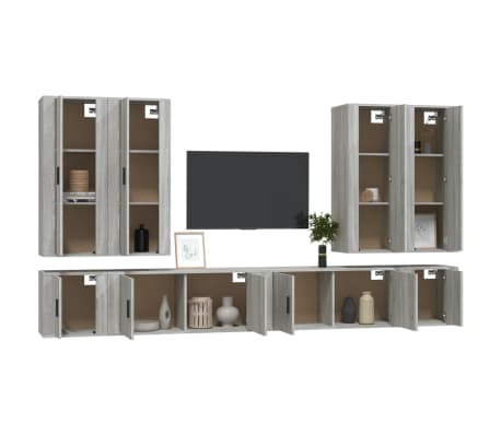 vidaXL TV spintelių komplektas, 8 dalių, pilkas ąžuolo, mediena