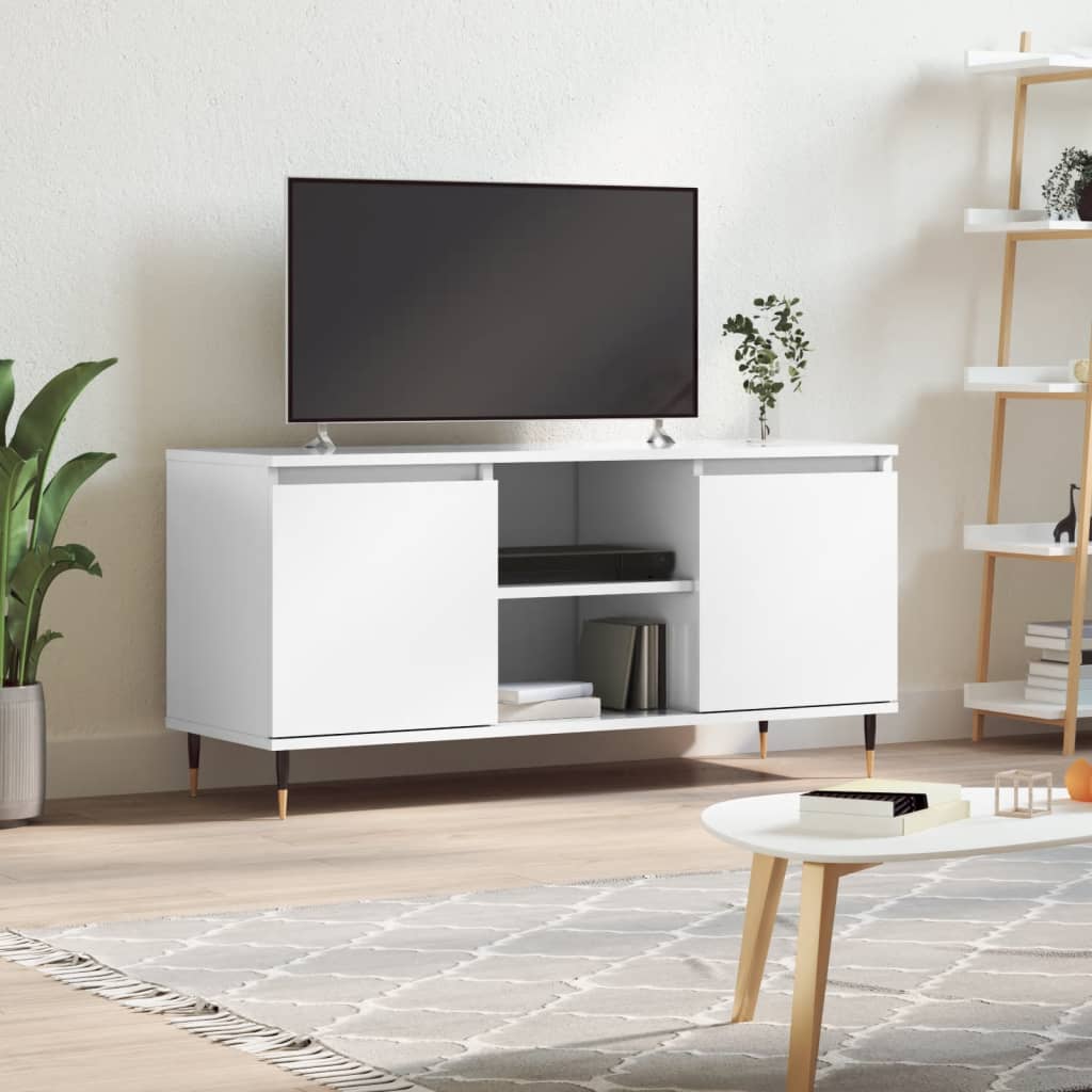 vidaXL Comodă TV, alb extralucios, 104x35x50 cm, lemn compozit