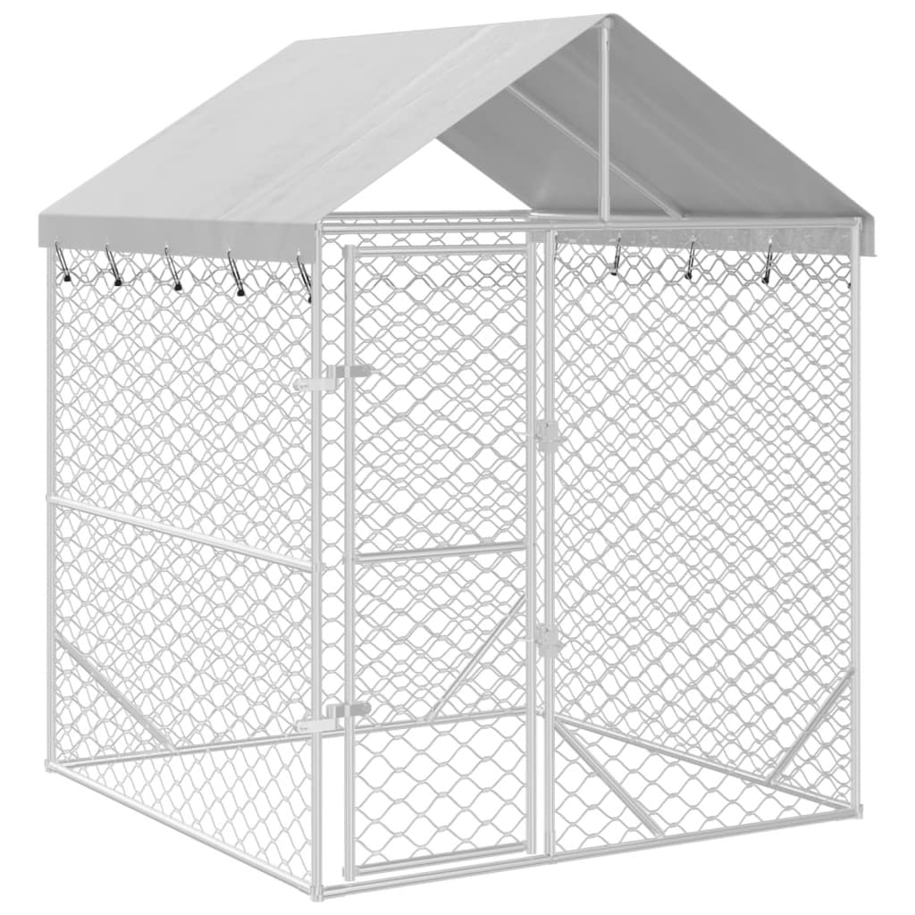 Chenil d'extérieur en acier galvanisé argenté avec toit pour chien - Panneaux à maille -  2x2x2,5 m - 4m²