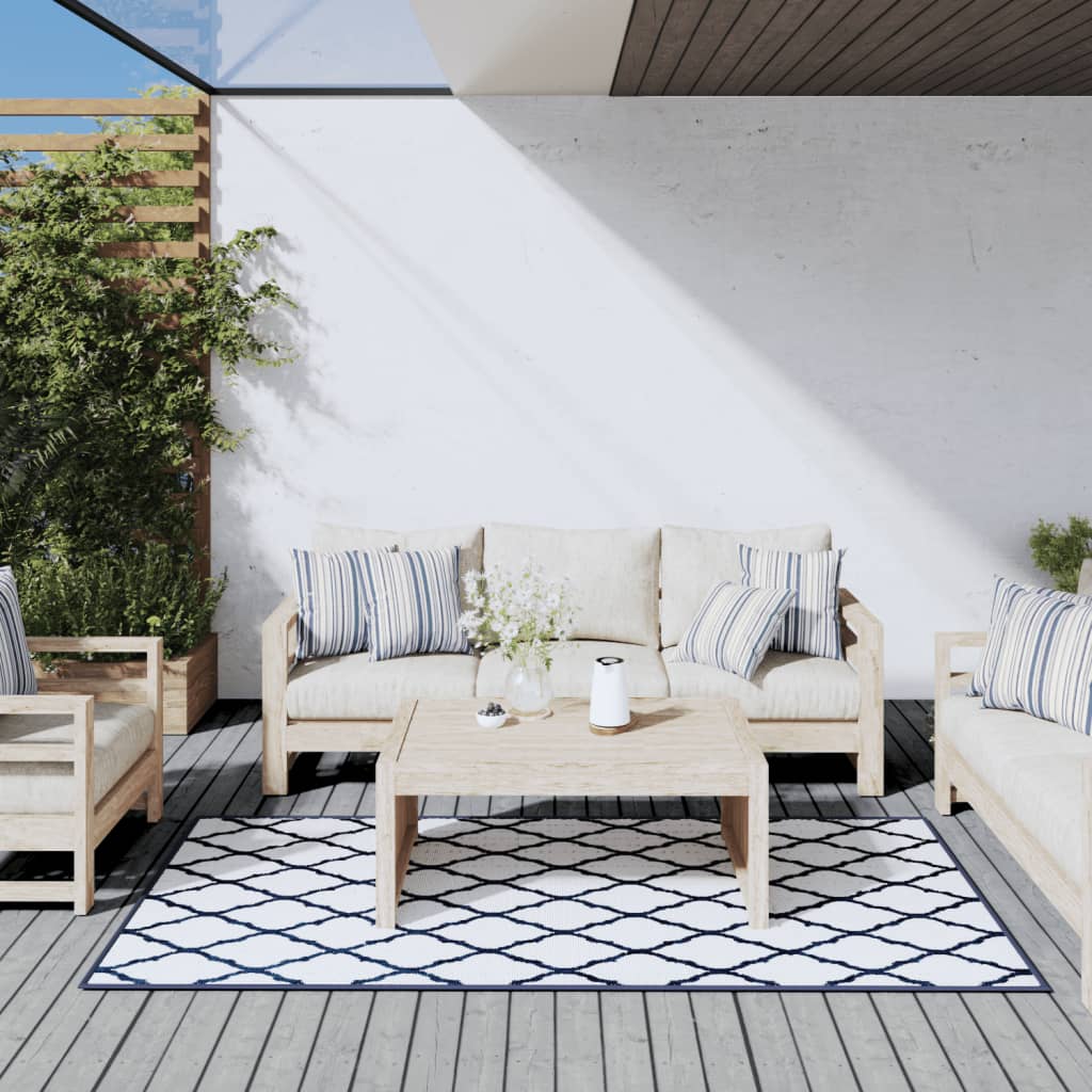 Outdoor-Teppich Marineblau Weiß 100×200 cm Beidseitig Nutzbar