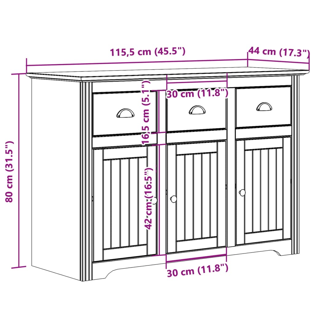 Komoda BODO, szara, 115x43x79,5 cm, lite drewno sosnowe