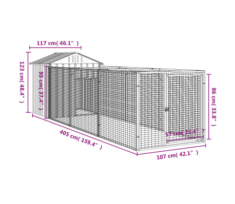 vidaXL Dog House with Roof Light Grey 117x405x123 cm Galvanised Steel ...