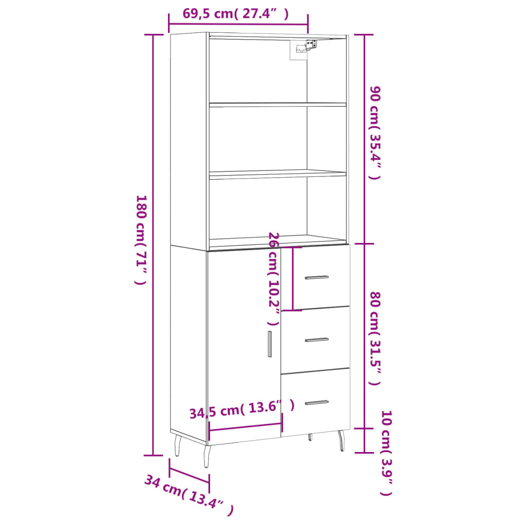 Skříň highboard bílá 69,5 x 34 x 180 cm kompozitní dřevo - obrázek 14