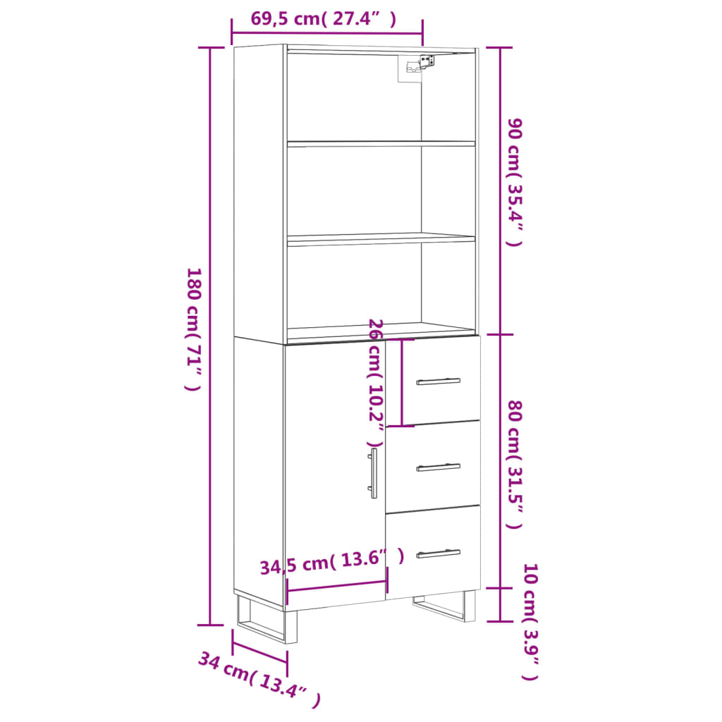 Skříň highboard bílá 69,5 x 34 x 180 cm kompozitní dřevo - obrázek 14