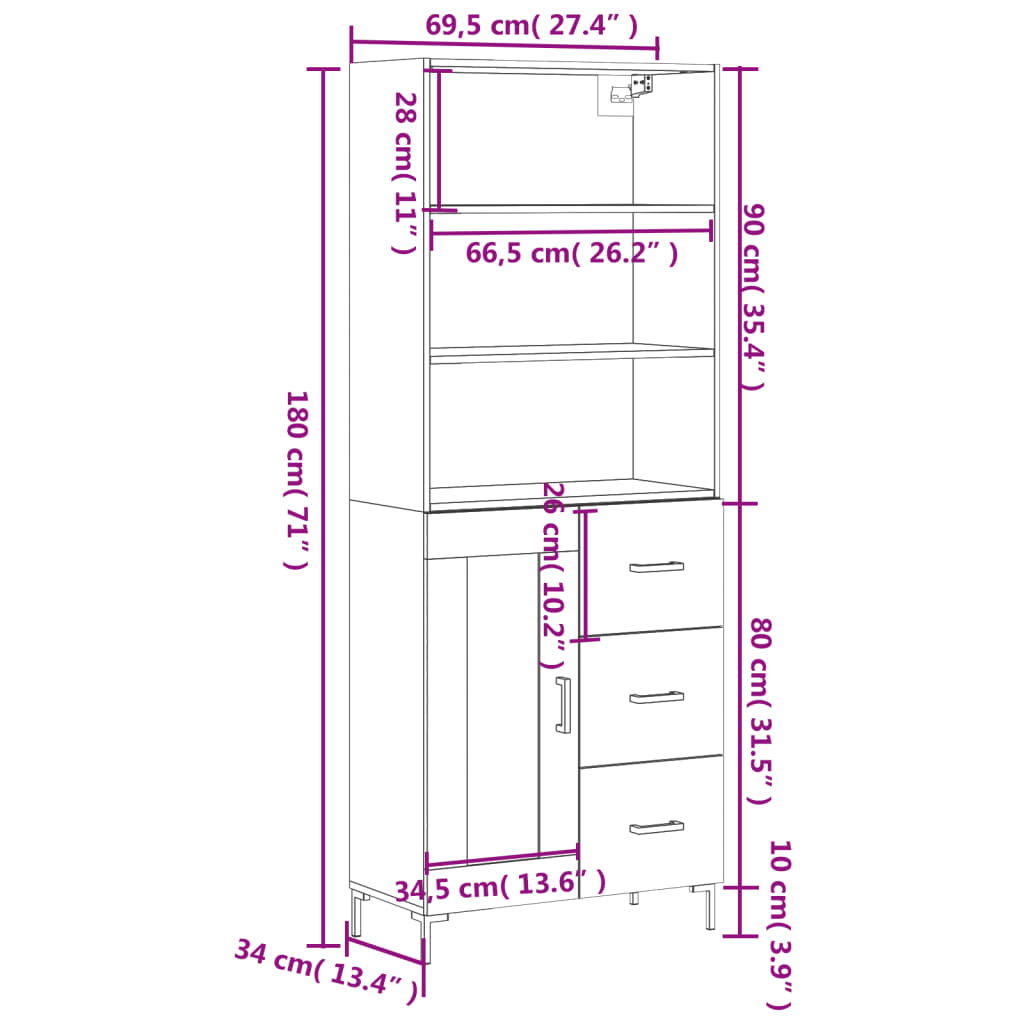 Skříň highboard bílá 69,5 x 34 x 180 cm kompozitní dřevo - obrázek 14