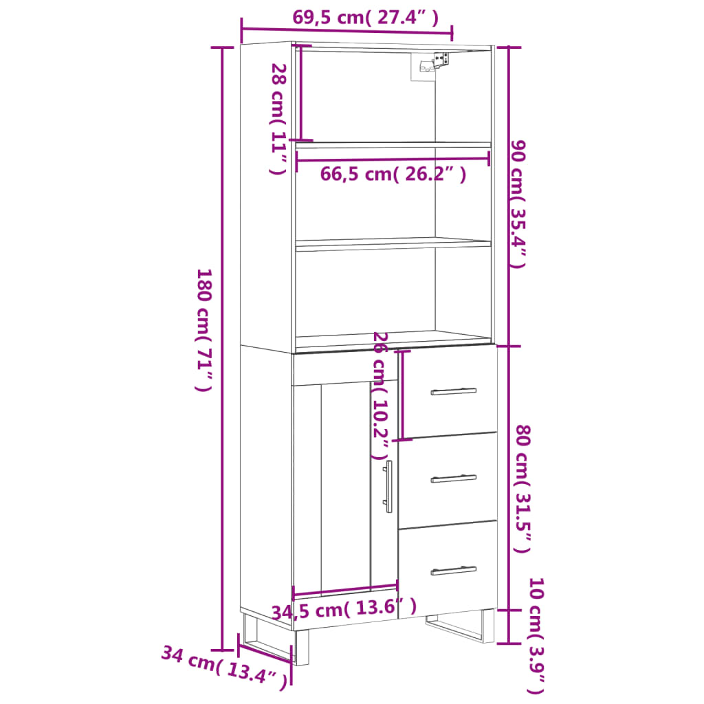 Skříň highboard bílá 69,5 x 34 x 180 cm kompozitní dřevo - obrázek 14