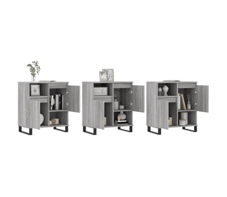 vidaXL Šoninės spintelės, 3vnt., pilkos ąžuolo, apdirbta mediena