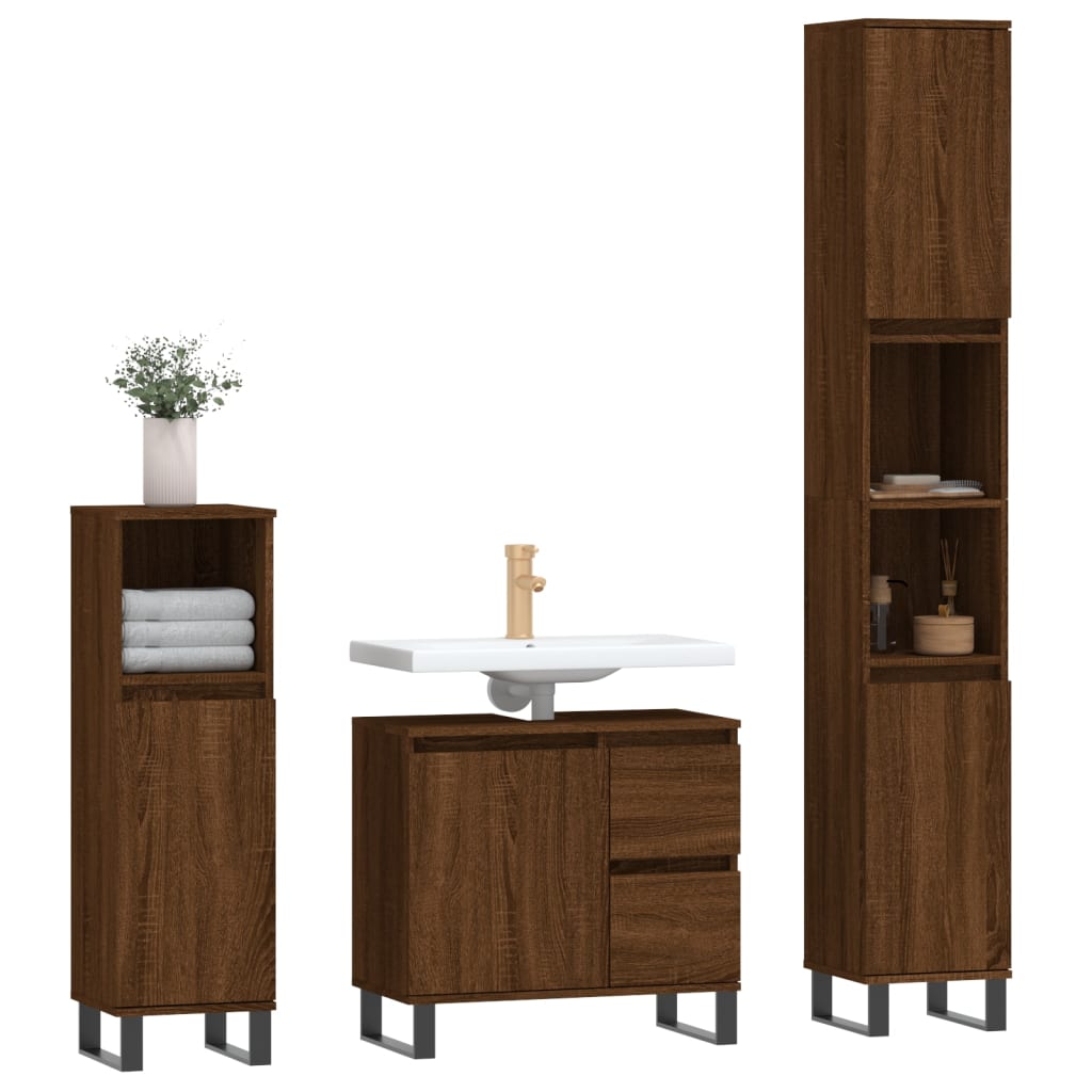 vidaXL Set Mobili da Bagno 3 pz Rovere Marrone in Legno Multistrato