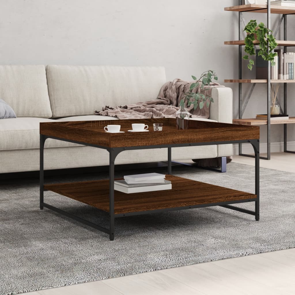 vidaXL sofabord 80x80x45 cm konstrueret træ og jern brun egetræsfarve