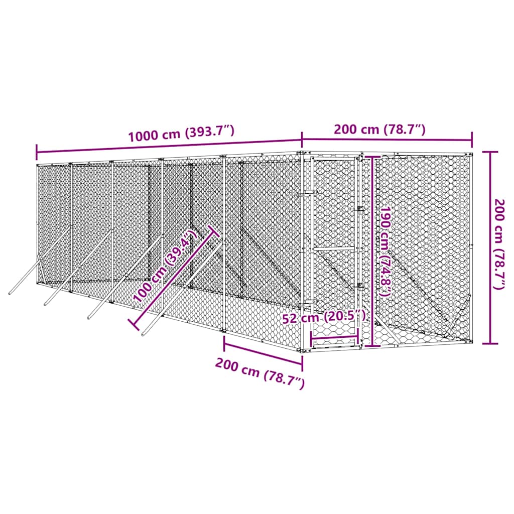 suņu voljērs, sudraba krāsā, 2x10x2 m, cinkots tērauds