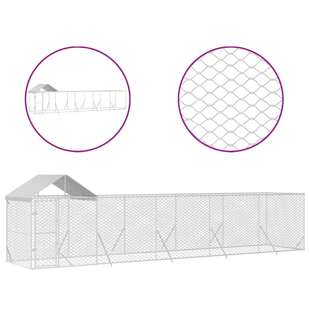 vidaXL Zunanja pasja ograda s streho srebrna 10x2x2,5m pocinkano jeklo