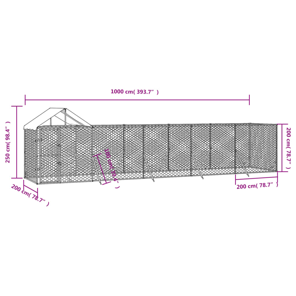 Chenil d'extérieur en acier galvanisé avec toit partiel pour chien - Panneaux à mailles - 10x2x2,5 m - 20m²