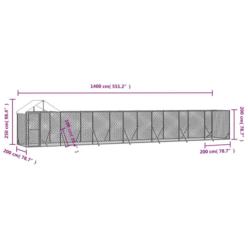 Chenil d'extérieur en acier galvanisé avec toit partiel pour chien - Panneaux à mailles - 14x2x2,5 m - 28m²