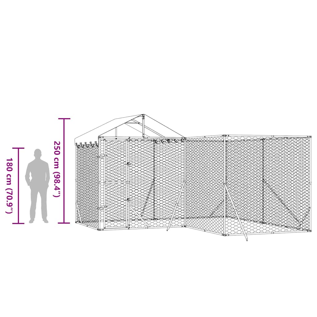 suņu voljērs ar jumtu, 4x4x2,5m, cinkots tērauds, sudraba krāsā