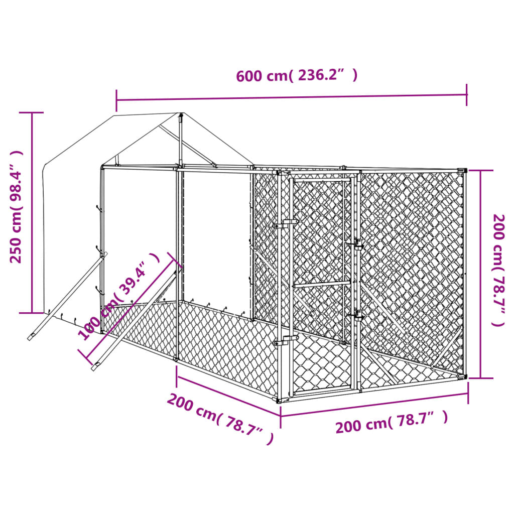 Chenil d'extérieur en acier galvanisé avec toit partiel pour chien - Panneaux à mailles - 2x6x2,5 m - 12m²