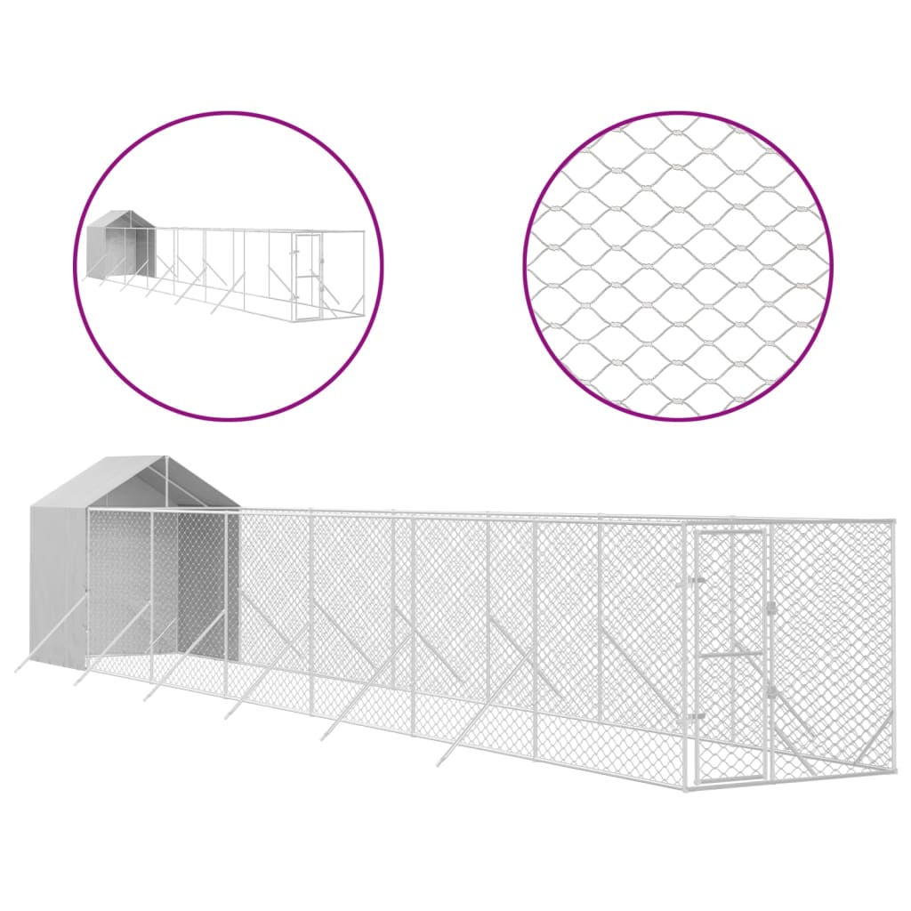 vidaXL Zunanja pasja ograda s streho srebrna 2x14x2,5m pocinkano jeklo