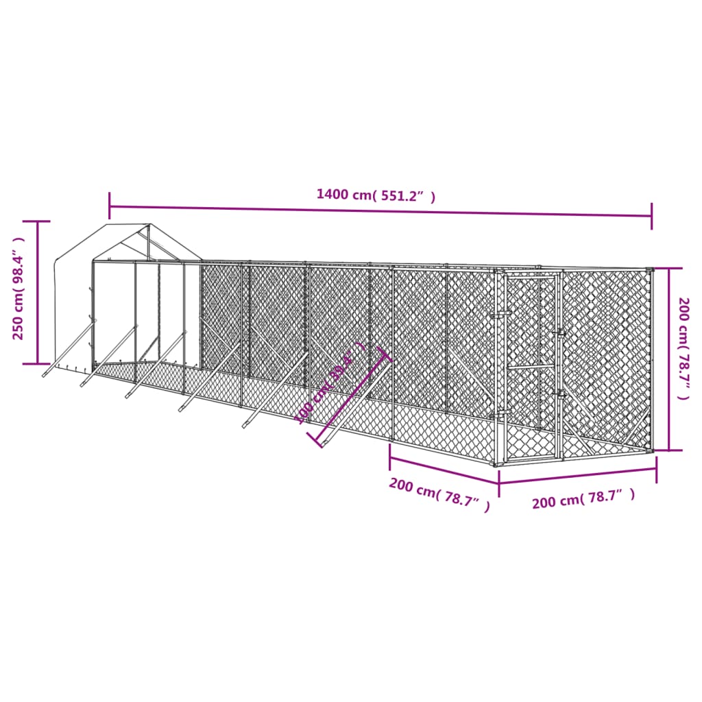  Vonkajší koterec pre psov so strechou strieborný 2x14x2,5m oceľ