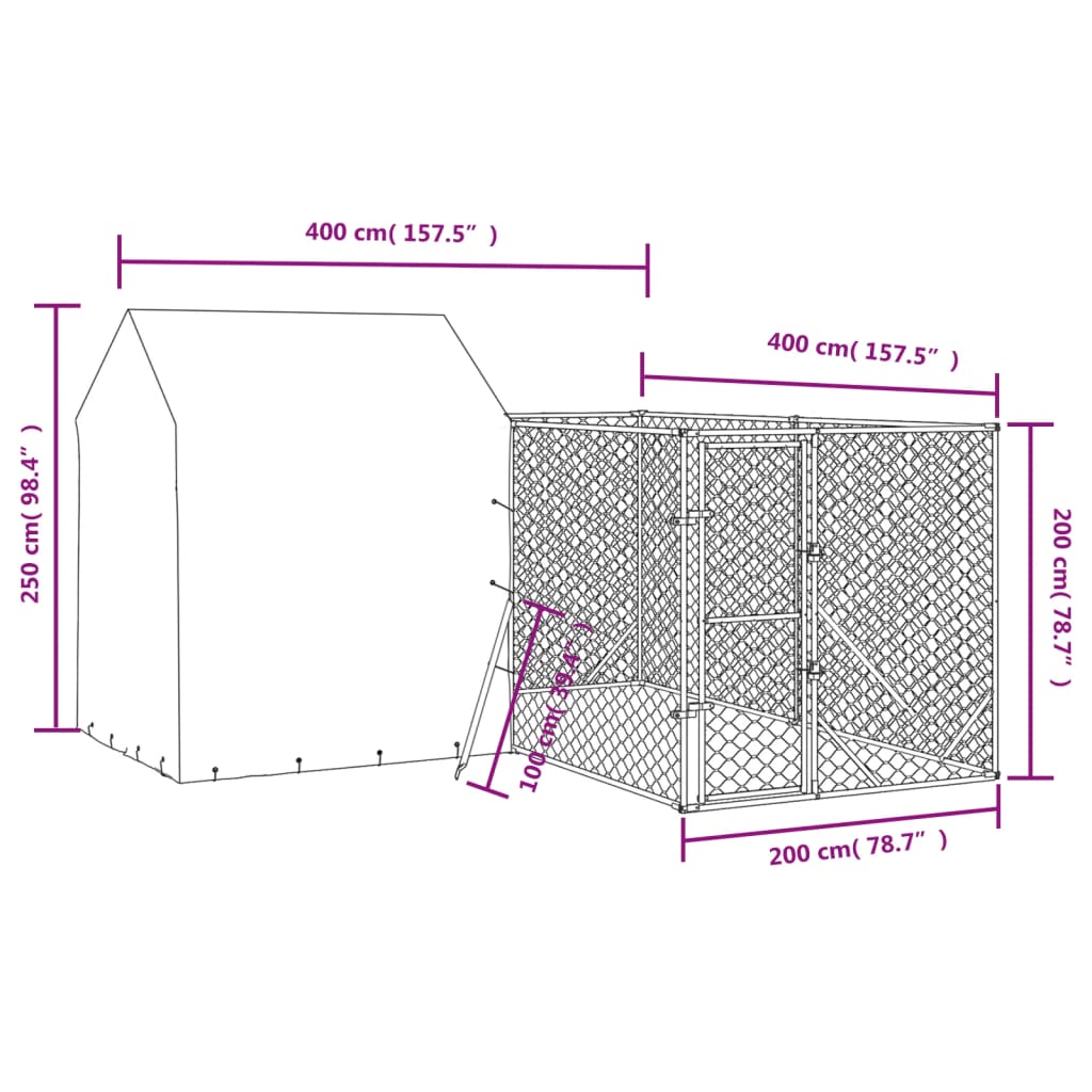 Chenil d'extérieur en acier galvanisé avec toit partiel pour chien - Panneaux à mailles - 4x4x2,5 m - 12m²