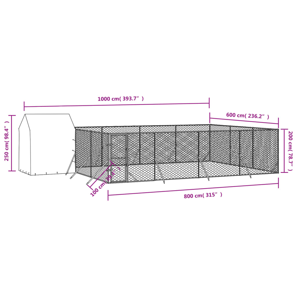  Vonkajší koterec pre psov so strechou strieborný 10x6x2,5m oceľ