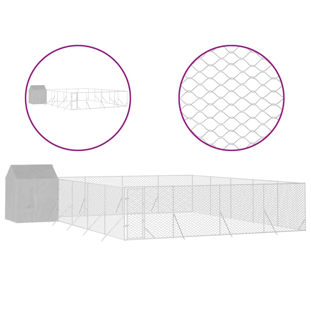 vidaXL Zunanja pasja ograda s streho srebrna 10x10x2,5 m pocink. jeklo