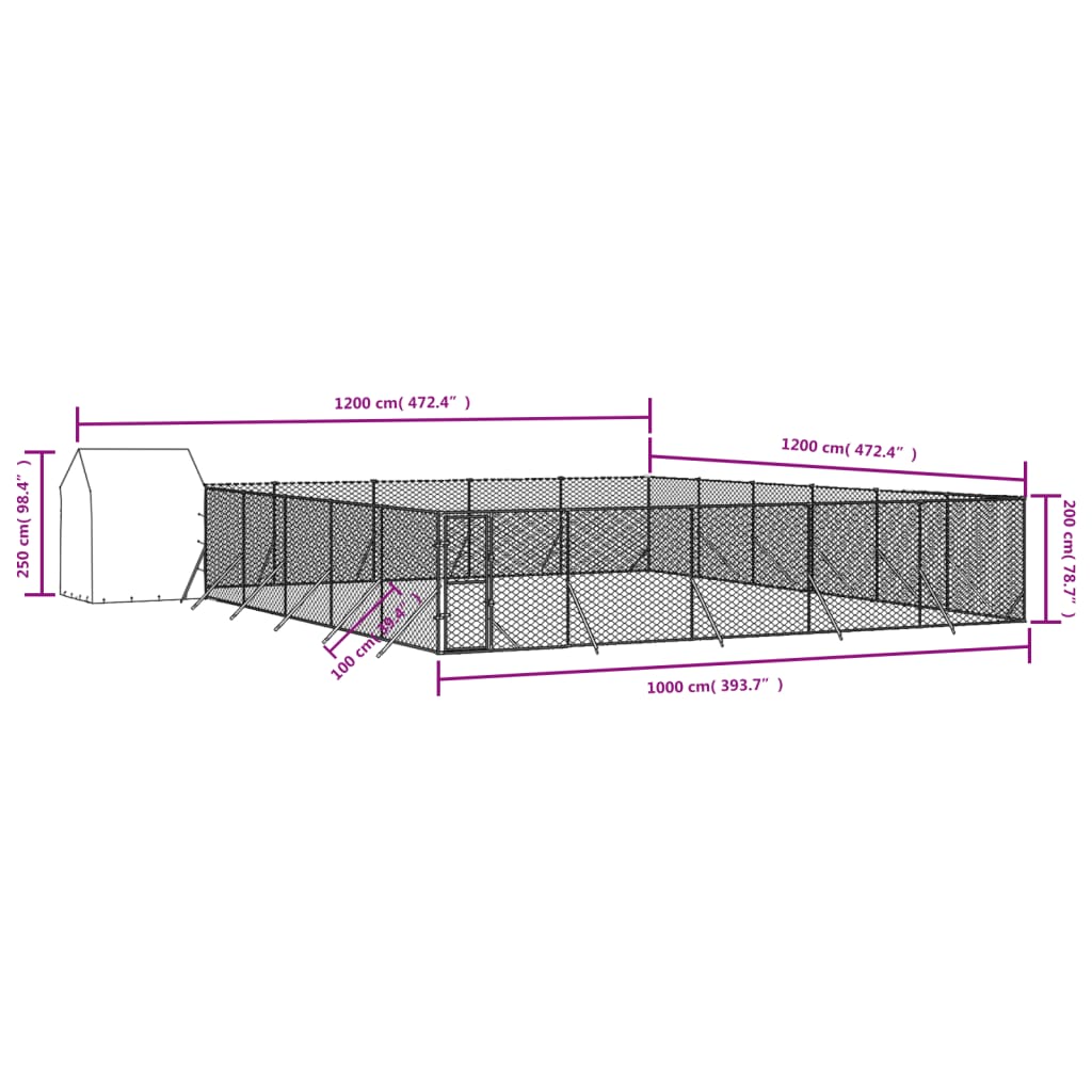  Vonkajší koterec pre psov so strechou striebor. 12x12x2,5m oceľ
