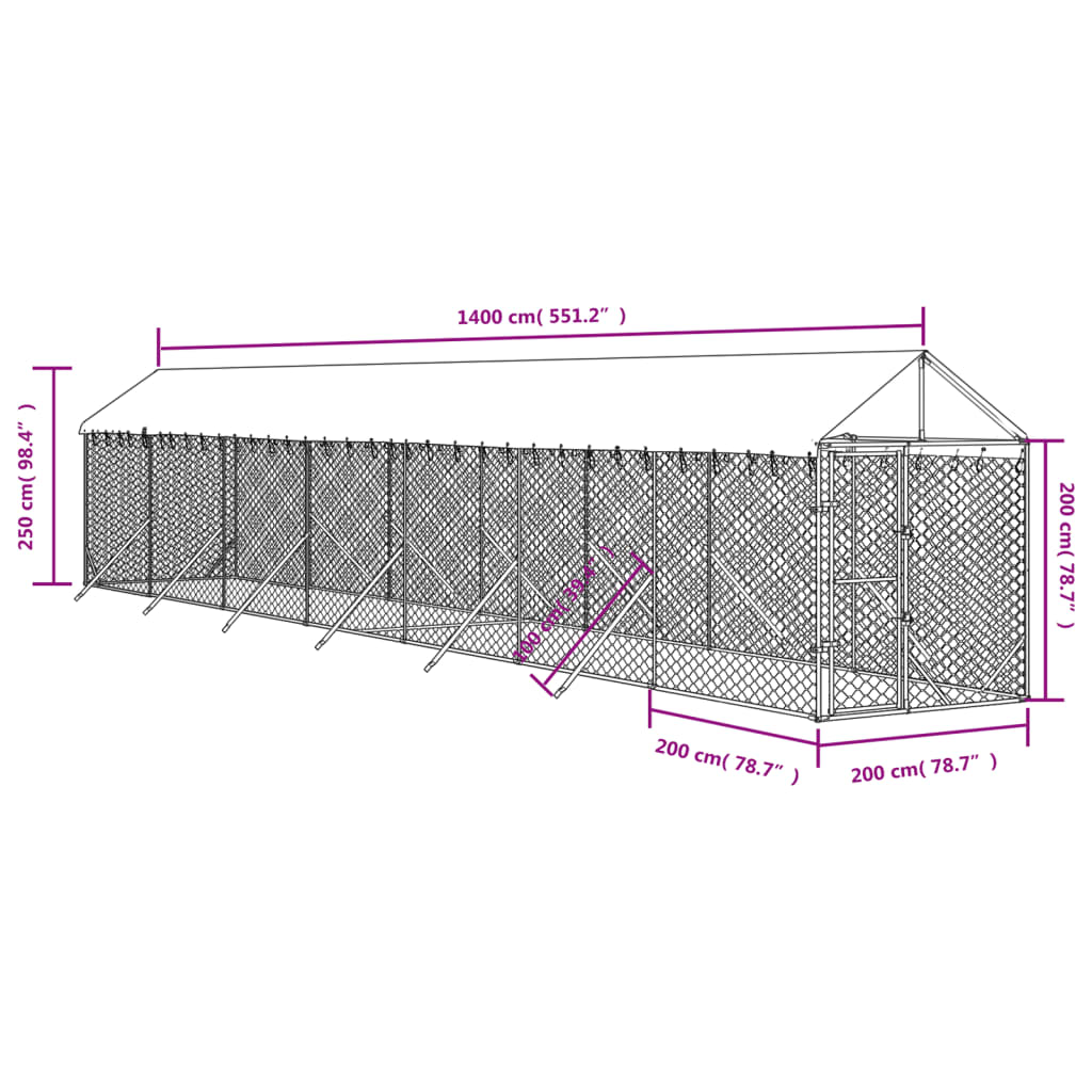 Chenil d'extérieur en acier galvanisé avec toit pour chien - Panneaux à mailles - 2x14x2,5 m - 28m²