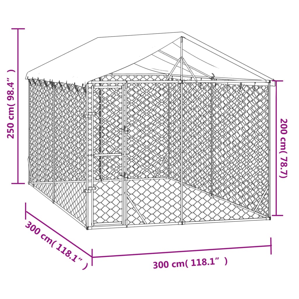 Chenil d'extérieur en acier galvanisé avec toit pour chien - Panneaux à mailles -  3x3x2,5 m - 9m²