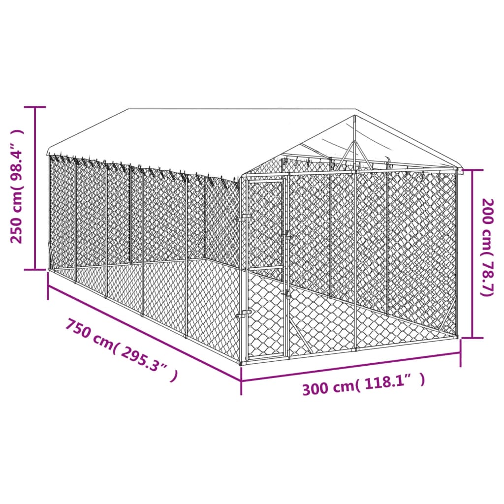Chenil d'extérieur en acier galvanisé avec toit pour chien - Panneaux à mailles - 3x7,5x2,5 m - 22m²