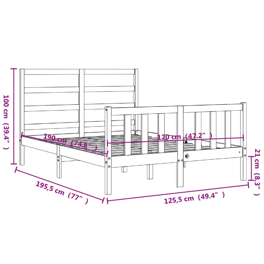 Rama łóżka z zagłówkiem, brąz, 4FT, mała podwójna, lite drewno