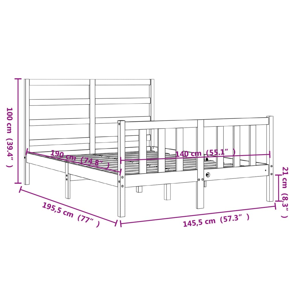 Okvir kreveta s uzglavljem bijeli 140 x 190 cm od masivnog drva