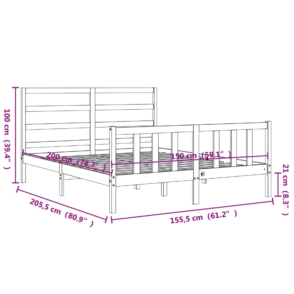 Рамка за легло с табла сива 5FT King Size масивно дърво