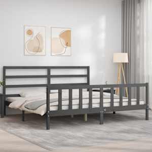 Rám postele s čelem šedý 200 x 200 cm masivní dřevo - obrázek 4