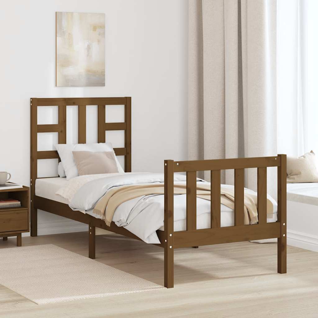 Cadre de lit tête de lit marron miel petit simple bois massif