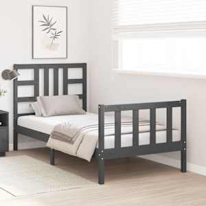 vidaXL Lovos rėmas su galvūgaliu, pilkas, 90x190cm, medienos masyvas