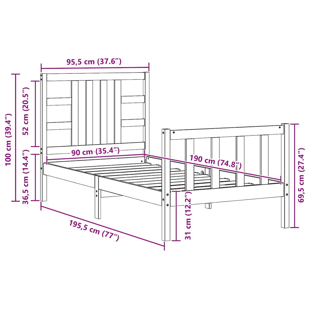 mézbarna tömör fa ágykeret fejtámlával 90 x 190 cm