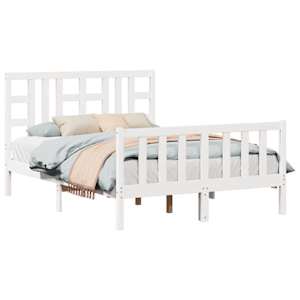 vidaXL Cadru de pat cu tăblie, dublu, alb, lemn masiv