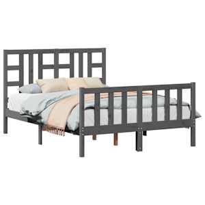 vidaXL Lovos rėmas su galvūgaliu, pilkas, medienos masyvas, dvivietis