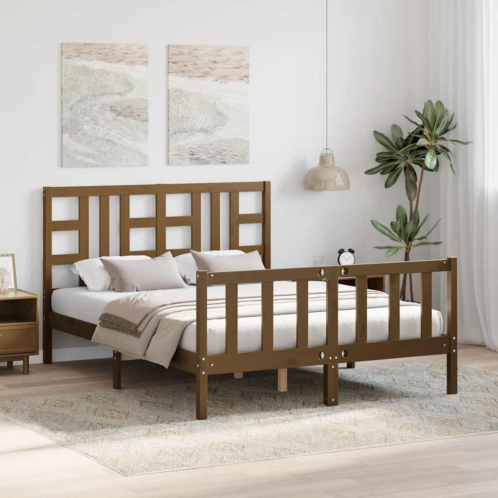 mézbarna tömör fa ágykeret fejtámlával 140 x 190 cm