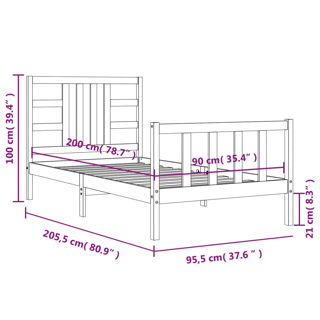 Okvir kreveta s uzglavljem 90 x 200 cm od masivnog drva