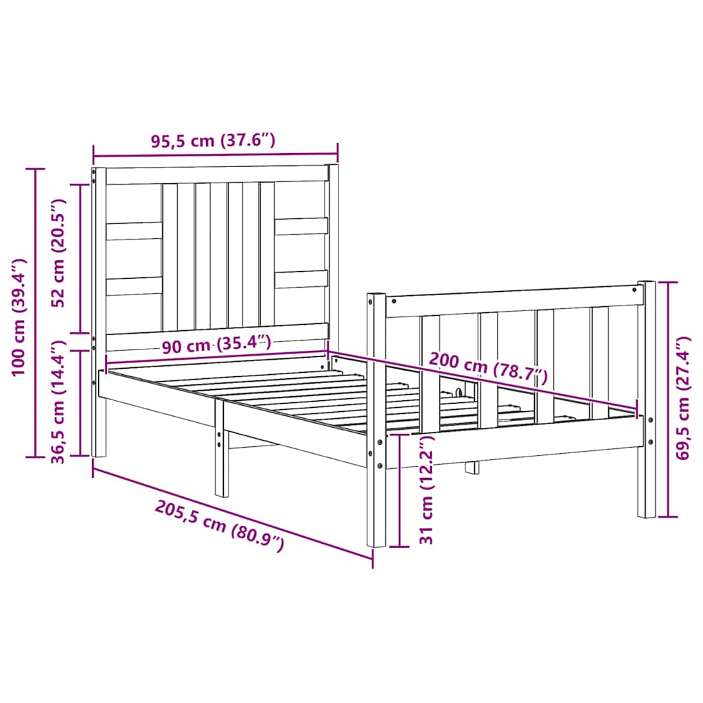 mézbarna tömör fa ágykeret fejtámlával 90 x 200 cm