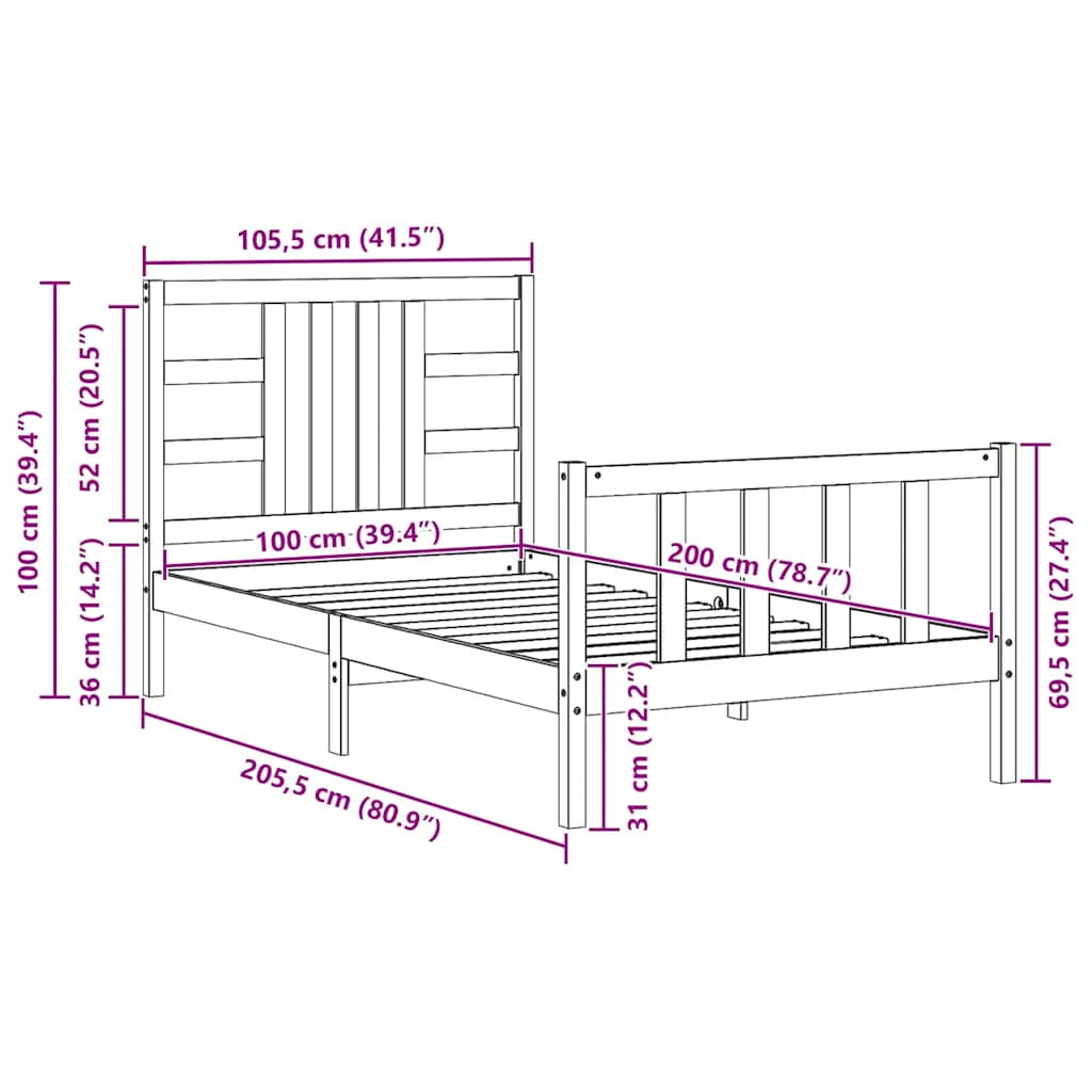 mézbarna tömör fa ágykeret fejtámlával 100 x 200 cm